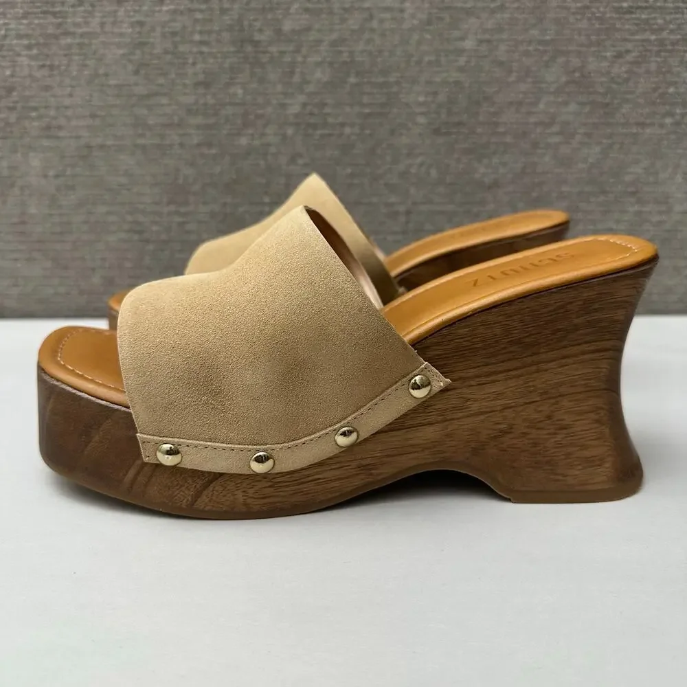 Schutz Lanneh Studded Suede Wood Wedge Platform Slide Sandal Nude Beige Size 8 B